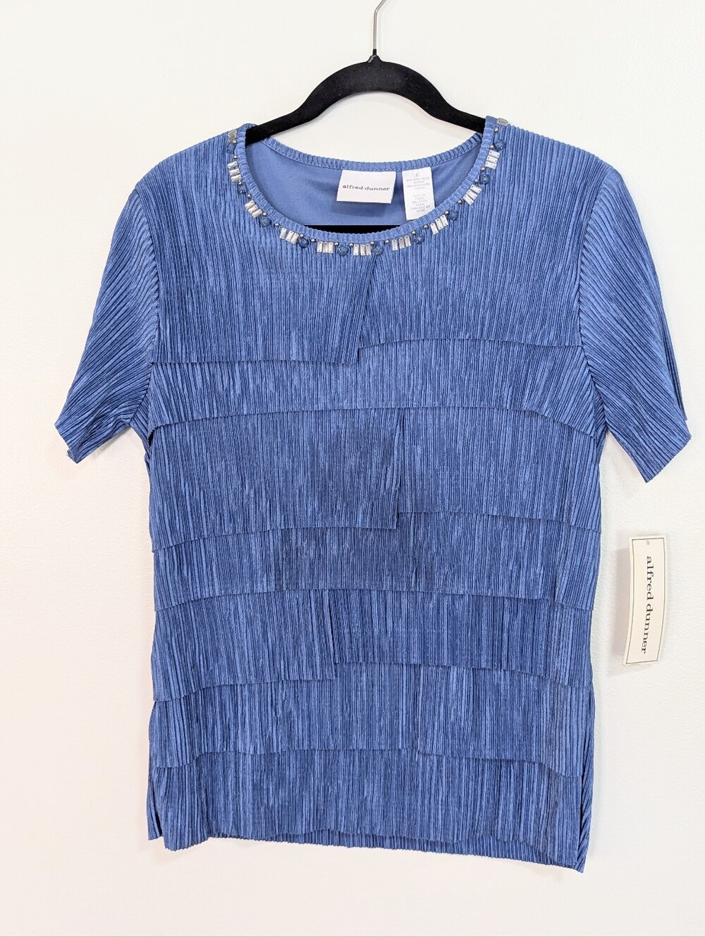 NWT Alfred Dunner Lake Blue Pleated Tiered Beaded Top Size Small